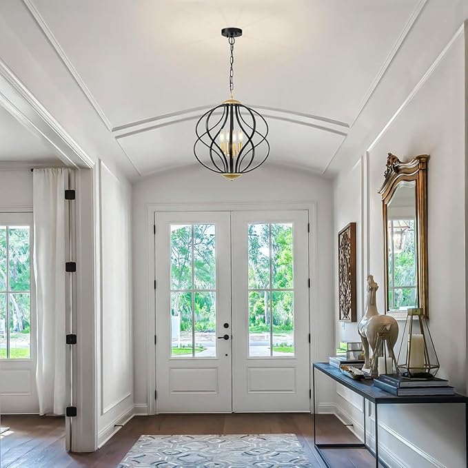 Modern Black and Gold Chandelier for Dining Room, 4 Lights Geometric Chandeliers, Sphere Chandelier Industrial Large Pendant Light Fixtures Hanging for Kitchen, Entryway, Foyer, Stairs-Ruum Studio Home