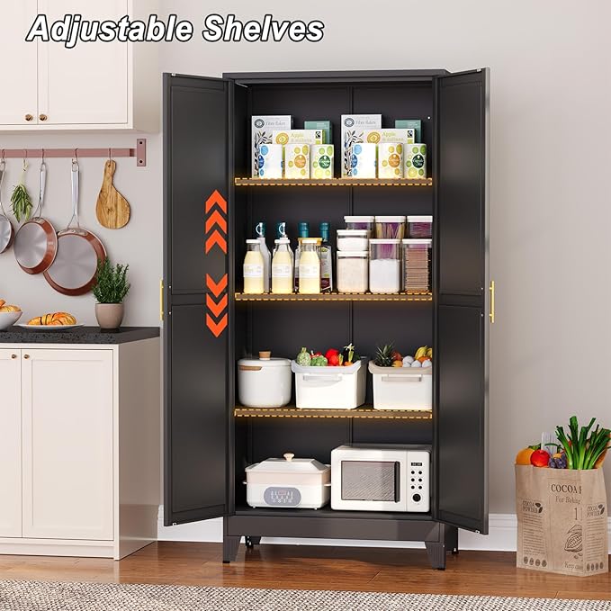 Metal Pantry Cabinet with 2 Doors and Adjustable Shelves, 61"Kitchen Storage Cabinet with Gold Handles, Versatile Storage for Laundry, Living, Bathroom, Dining, Utility Room - Black-Ruum Studio Home