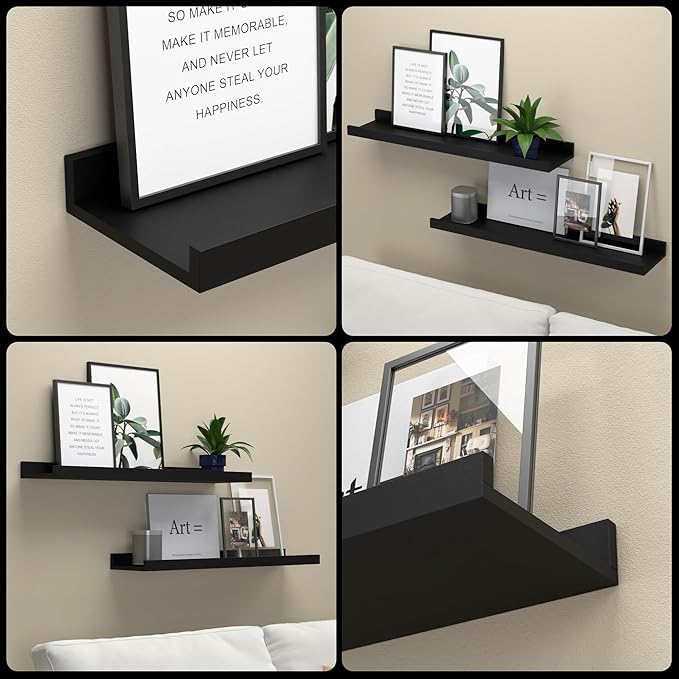 RICHER HOUSE 3 Set Floating Shelves for Wall, Black Wall Mounted Shelves with Lip for Storage, Display Picture Ledge Shelf for Bedroom Bathroom Kitchen Living Room Decor, Modern Black-Ruum Studio Home
