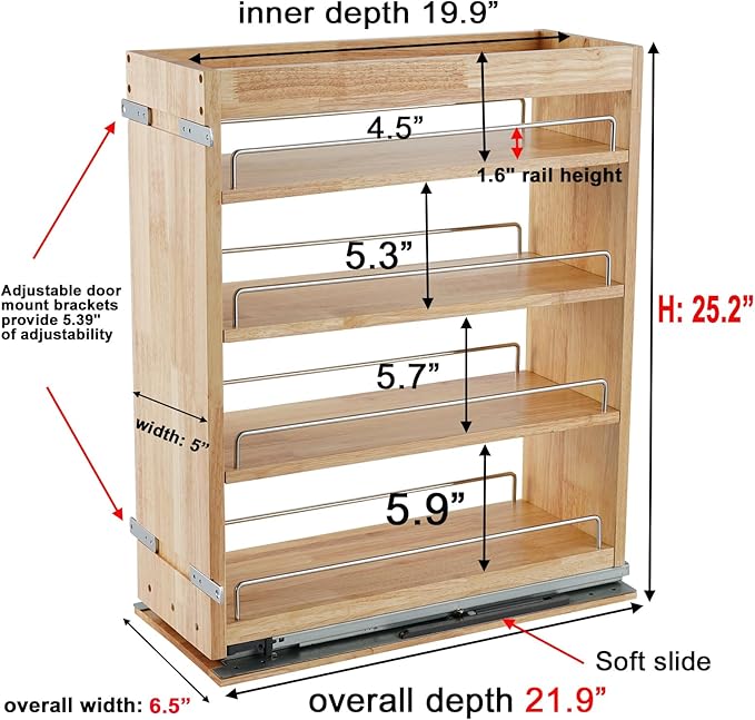 DINDON Pull Out Spice Rack Organizer for Cabinet, (5" W x 21.9" D x 25.2" H) Multi-Use Wood Pull Out Cabinet Organizer Slide Out Shelf Cabinet Storage for Kitchen, Pantry Organization-Ruum Studio Home