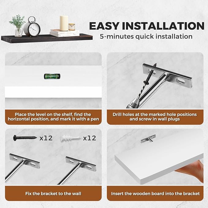 3-Pack Floating Wall Shelves, 24-Inch Rustic White Wooden Shelves for Storage and Décor, Easy Installation for Living Room, Bedroom, and Kitchen-Ruum Studio Home