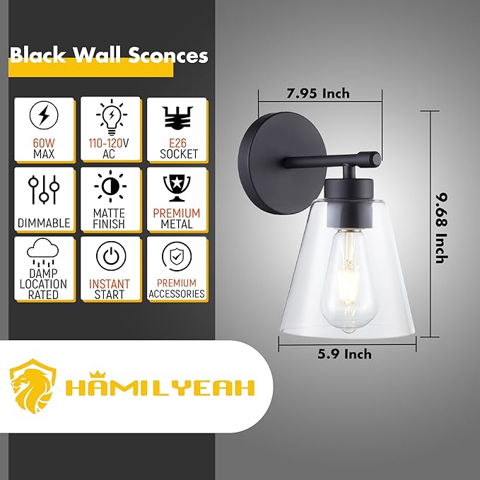 Hamilyeah Black Bathroom Sconces Wall Lighting, Farmhouse Wall Sconces Set of 2, Industrial Black Sconces with Clear Glass Shade for Living Room, Kitchen, Hallway-Ruum Studio Home