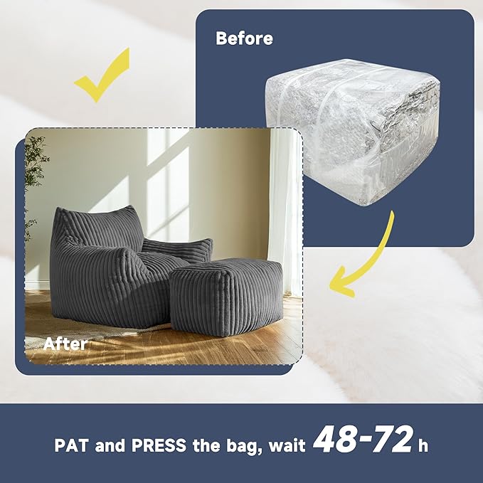 Giant Bean Bag Chairs for Adults, Oversized Chaise Lounge Chair Indoor with Memory Foam - Plush Boneless Lounger & Ottoman for Bedroom, Living Room, Gaming & Reading, Lazy Floor Sofa Chair, Gray-Ruum Studio Home