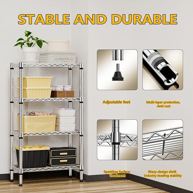 1000 lbs 4 Tier Shelf Metal Storage Shelves Wire Rack Closet Organizers for Garage Kitchen Bathroom Laundry Chrome 11.8" D x 25.6" W x 45.5" H-Ruum Studio Home