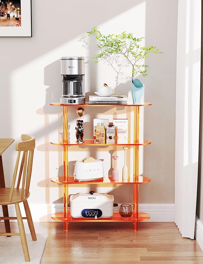 Clear Bookshelf, Acrylic Bookcase with Open Book Shelf for Office Living Room Bedroom (4 Tier Orange)-Ruum Studio Home