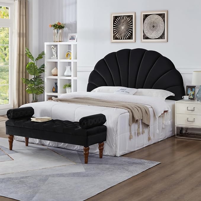 24KF Stunning Crown Design King Headboard, Upholstered Soft Velvet Petal Pattern Headboard King/CA King-Black-Ruum Studio Home