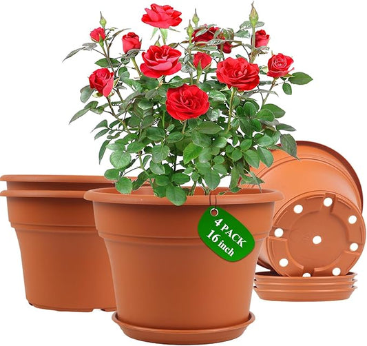 16 inch Plastic-Flower-Pot-for-Indoor-Plants, 4 Pack Large Outdoor Planter Pot with Drainage Holes & Saucers, Resin Decorative Garden Pots Planters-Ruum Studio Home