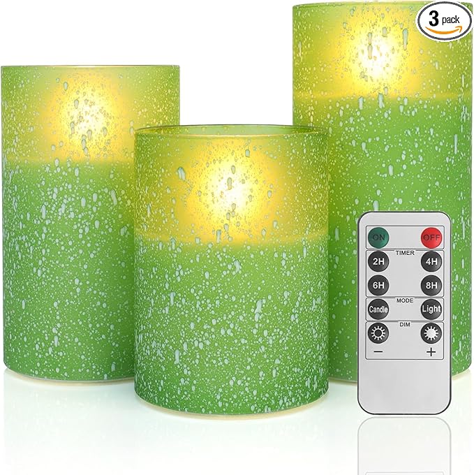 Green Flameless Candles with Remote, Glass LED Pillar Battery Operated Candles with Timer, Flickering Decorative Lights for Home Weddings Holidays Gift Set of 3-Ruum Studio Home