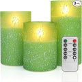 Green Flameless Candles with Remote, Glass LED Pillar Battery Operated Candles with Timer, Flickering Decorative Lights for Home Weddings Holidays Gift Set of 3-Ruum Studio Home