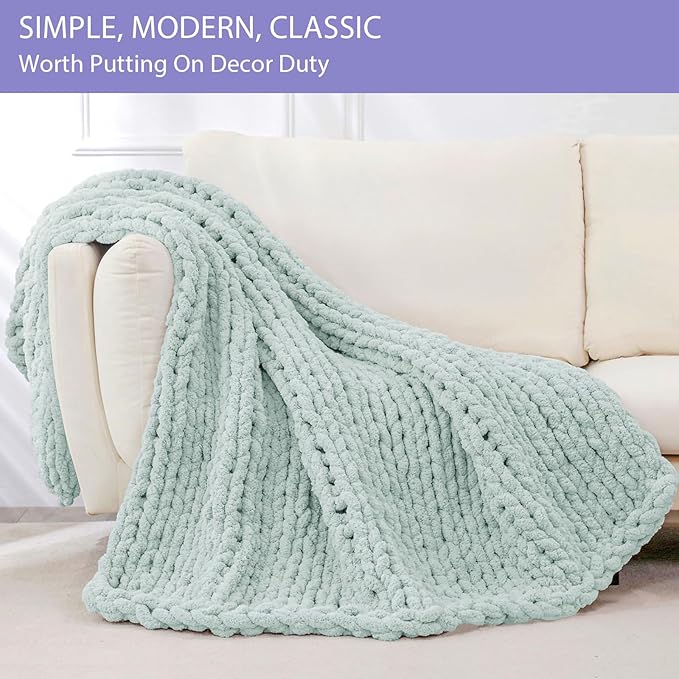 Bigacogo Chunky Knit Throw Blanket for Couch, 40x80 inches, 100% Hand Knitted with Thick Jumbo Chenille Yarn, Cozy Soft Large Rope Knot Cable Crochet Blankets for Sofa Bed Living Room, Mint-Ruum Studio Home