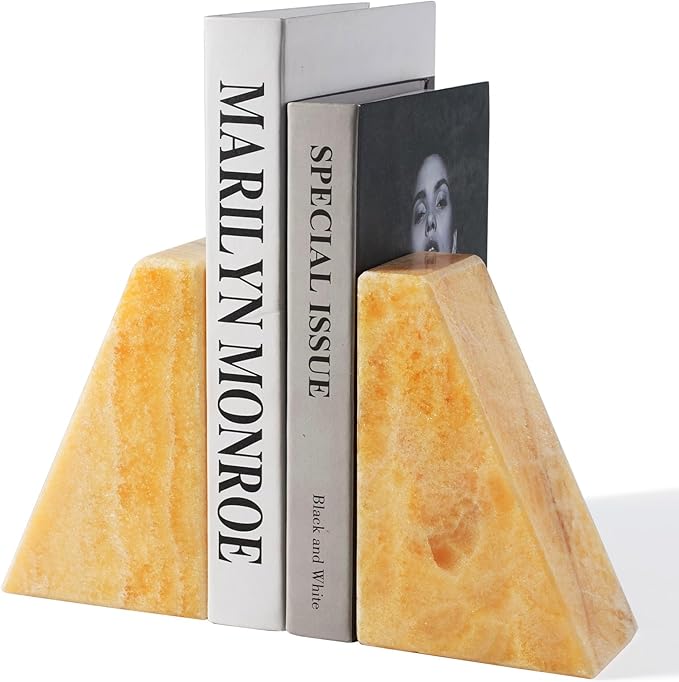 Marble Bookend for Heavy Books, Decorative Bookends for Shelves, Durable and Heavy-Duty Book End for Hardback Book & CDS, Unique Stopper & Holder, Mexico Onyx, Set of 2-Ruum Studio Home