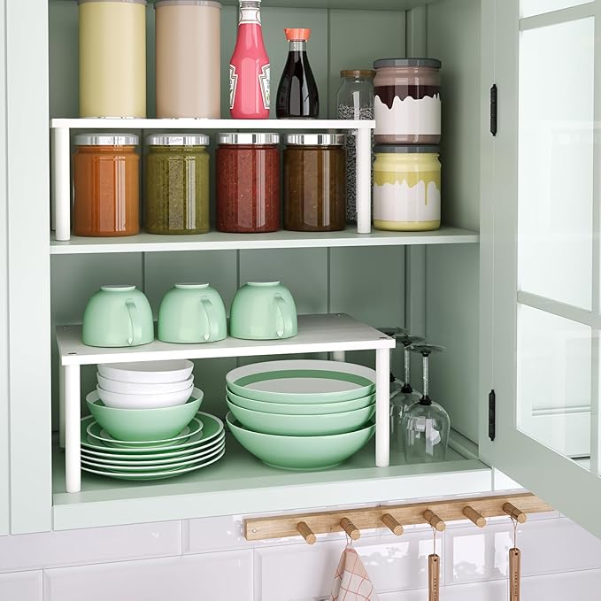 Cabinet Organizer Shelf(Set of 2),Kitchen Counter Shelves,Bamboo Spice Rack Countertop and Cabinet,Stackable Expandable,Large(White)-Ruum Studio Home