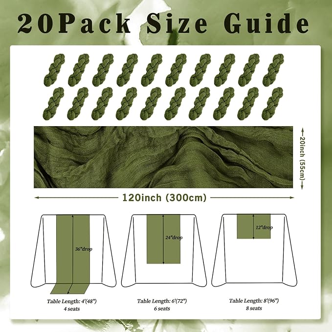 20 Pack Olive Green 10FT Cheesecloth Table Runner Rustic Gauze Cheese Cloth Table Runner for Wedding Bridal Baby Shower Table Decorations Boho Fabric Sheer Birthday Party Decor 20 x 120 Inch Long-Ruum Studio Home