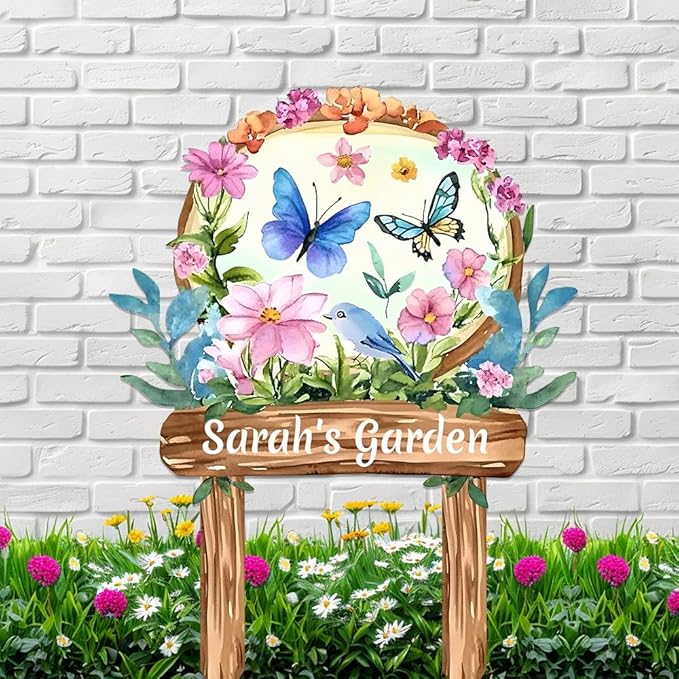Personalized Watercolor Garden Metal Sign with Stake,Custom Gardener Last Name Signs Outdoor Decor,Customized Birds Gardening Gifts for Mom,Butterfly Flowers Plaques for Patio Lawn Porch Yard Garage-Ruum Studio Home