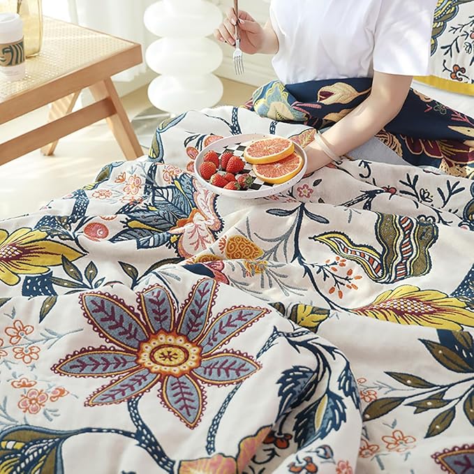 Boho Muslin Blanket for Adults 6-Layer Gauze 80 x 90 Inches Soft Cozy 100% Cotton Summer Cooling Blanket Floral Farmhouse Home Decor Sofa Bed Coverlet Both Sides (Boho Floral, 80 x 90 in)-Ruum Studio Home