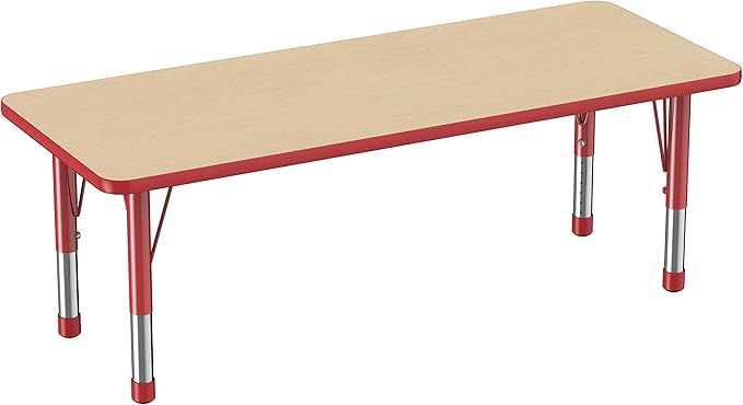 FDP Rectangle Activity School and Classroom Kids Table (24 x 60 inch), Chunky Toddler Legs, Adjustable Height 15-24 inches - Maple Top and Red Edge-Ruum Studio Home