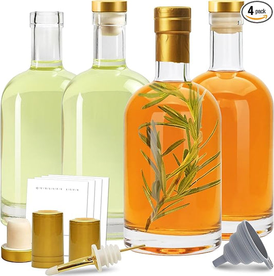 Olive Oil Dispenser Bottle for Kitchen, Clear Glass Oil and Vinegar Dispenser Set, Coffee Syrup Dispenser, Container With Metal Pour Spout, Airtight Lid, Funnel, Waterproof Labels (375ml-4 Pack)-Ruum Studio Home