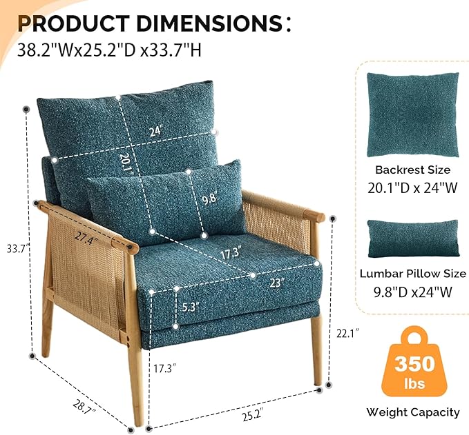 VINGLI Boho Braid Accent Armchairs Set of 2,Mid-Century Modern Chiars with Solid Wooden Armrest,Comfy Louge Cushion Chairs with Waist Pillow for Bedroom,Living Room,Reading Room, Teal-Ruum Studio Home