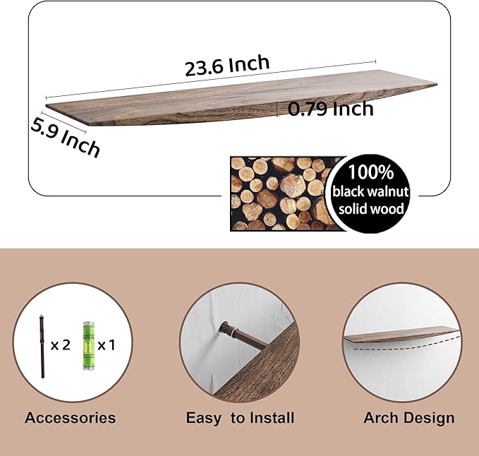 24’’ Black Walnut Floating Shelves - 6 Inch Deep Solid Wood Floating Shelf for Wall, Rustic Zen TV Shelf Wall Mounted, Live Edge Shelf with Invisible Brackets for Living Room, Bedroom, Kitchen.-Ruum Studio Home