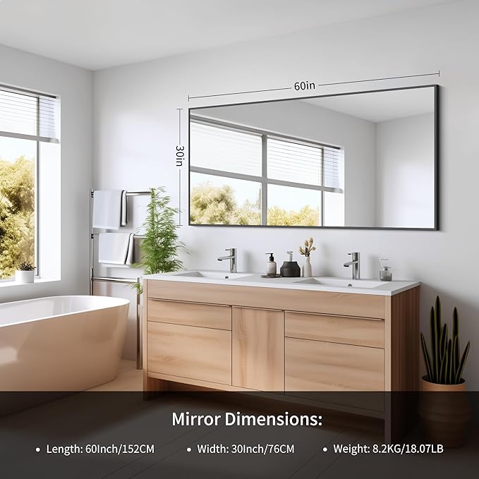 Black Bathroom Mirror for Wall, 60x30 Inch Rectangle Mirrors with Metal Frame, Modern Vanity Wall Mirror Decor for Bathroom Living Room, Entryway Hangs Horizontal or Vertical-Ruum Studio Home