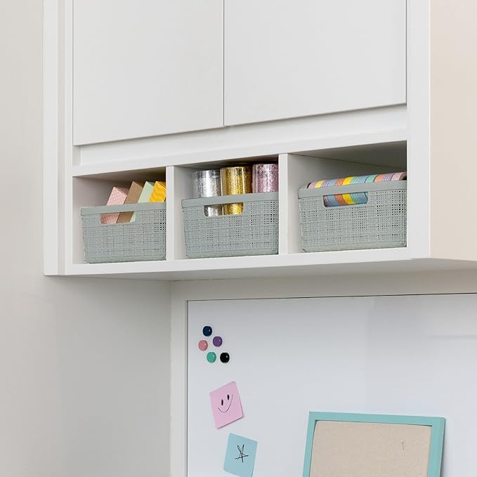 Curver Jute Decorative Plastic Organization and Storage Basket Perfect Bins for Home Office, Closet Shelves, Kitchen Pantry and All Bedroom Essentials, Small, Grey, Set of 8-Ruum Studio Home