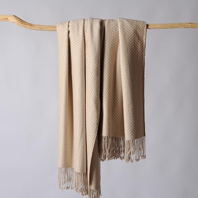 CUDDLE DREAMS Silk Throw Blanket with Hand-Knotted Fringe, Natural, Soft & Breathable (Herringbone-Taupe)-Ruum Studio Home