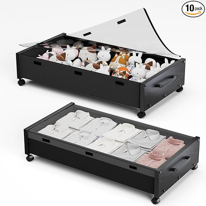 Wooden Under Bed Storage with Wheels, Rolling Under the Bed Storage Bins with Removable Lid, Metal Under Bed Drawers for Clothes and Shoes in Bedroom or Living Room(Black Wood-2pack)-Ruum Studio Home
