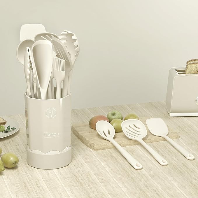 Thickened Silicone Kitchen Utensils Set, 600°F Heat Resistant Silicone Cooking Utensils, Spatula, Spoon, Whisk, Tongs, Kitchen Gadgets for Nonstick Cookware, Dishwasher Safe BPA Free (Cream White)-Ruum Studio Home