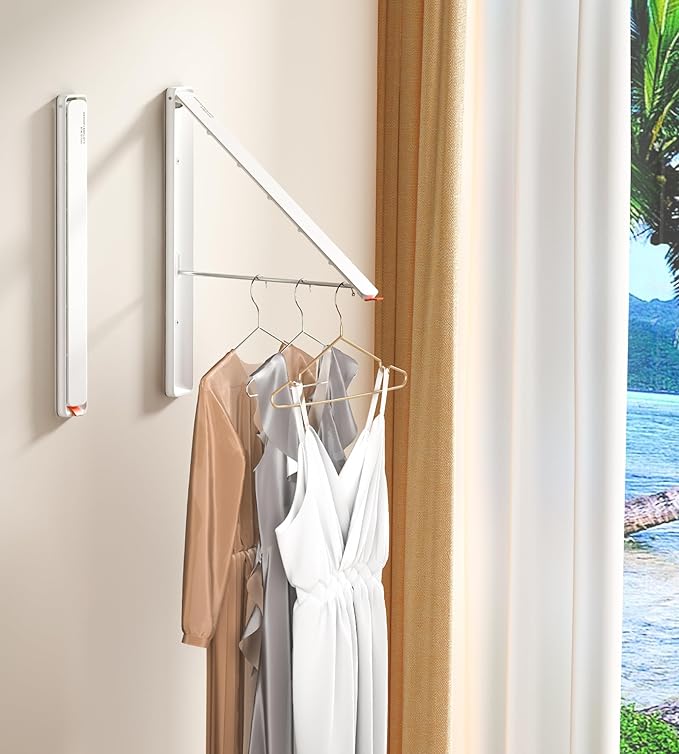 Dr.DJ Clothes Drying Rack Wall Mounted, Retractable & Foldable Clothes Hanger for Laundry Room Organization and Storage, Clothes Hanger Rack for Dorm, Closet, Balcony, Laundry Room(1P, Metal, White)-Ruum Studio Home