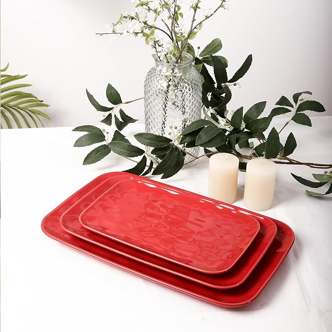 Vicrays Ceramic Rectangle Serving Platters - 14" 12" 10" Porcelain Serving Trays Plates for Party BBQ Appetizers Sushi Dessert - Microwave Oven and Dishwasher Safe - Set of 3 Red-Ruum Studio Home