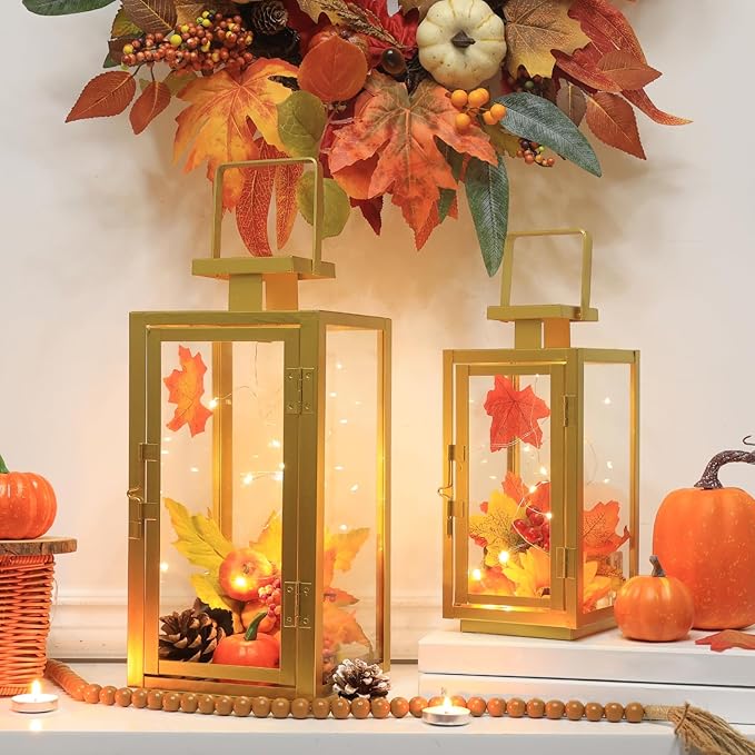 DECORKEY Fall Christmas Golden Decorations for Home, 17''&13'' Metal Candle Lanterns Decorative Outdoor&Indoor, Modern Hanging/Tabletop Candle Holders for Porch Patio Wedding Decor-Ruum Studio Home