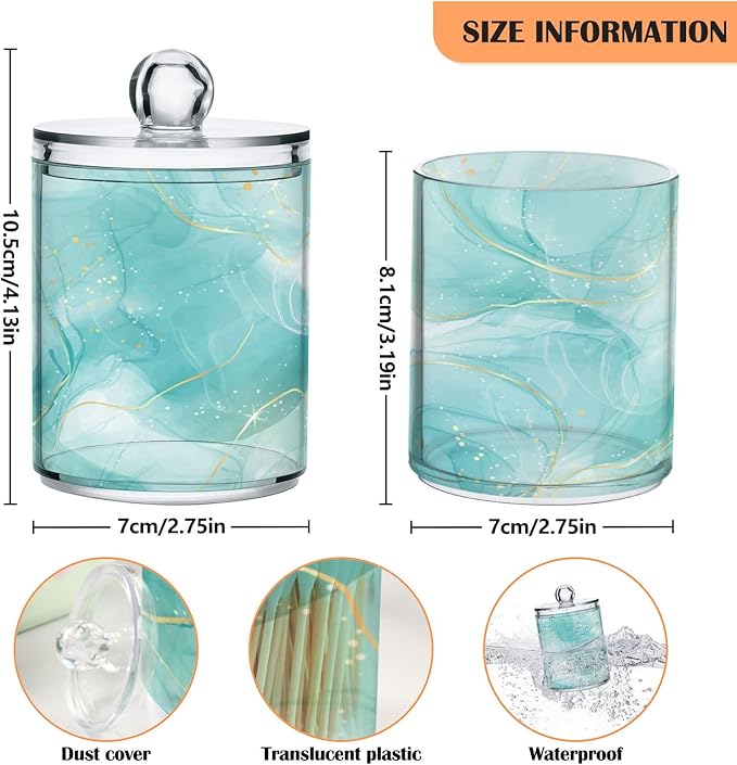2 Pack Qtip Holder Dispenser Turquoise Marble Bathroom Storage Canister Lid Acrylic Plastic Apothecary Jar Set Vanity Makeup Organizer for Cotton Swabs/Pads/Floss-Ruum Studio Home