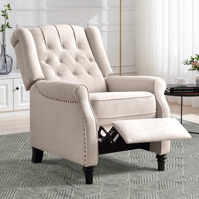 CANMOV Push Back Recliner Chair Set of 2, Elizabeth Fabric Recliner with Tufted Back Home Theater Seating w/Padded Seat and Nailhead Trim, Wooden Legs, Adjustable Single Sofa，White-Ruum Studio Home