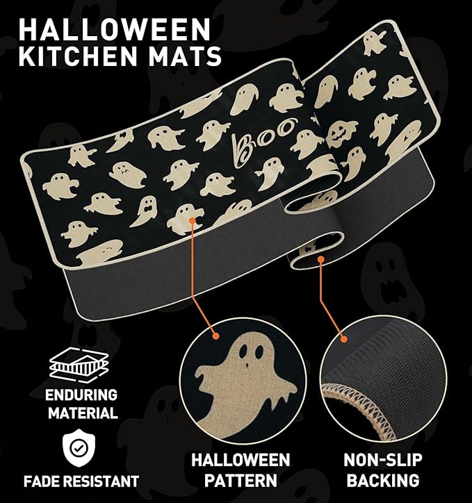 Halloween Kitchen Mat Set of 2, Ghosts Boo Halloween Kitchen Decor, Halloween Rug for Floor, Indoor Spooky Home Decor with Non-Slip Backing,17 x 29 Inch & 17 x 47 Inch-Ruum Studio Home