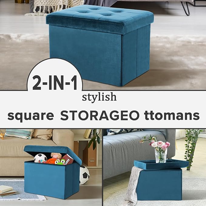 LINMAGCO Storage Ottoman Folding Foot Stool Velvet Foot Rest with Padded Modern Ottoman with Storage for Living Room Puppy Step Stool 17x13x13in(Blue)-Ruum Studio Home