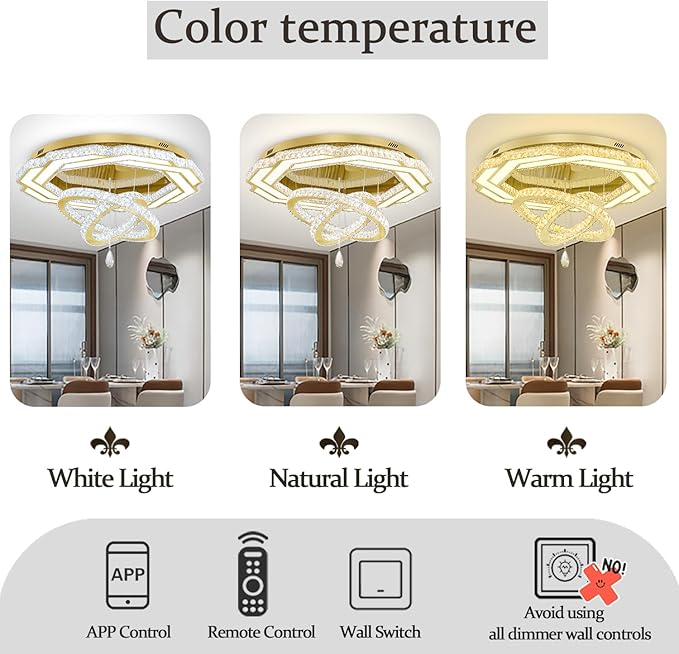 Flashing God Crystal Chandeliers Dia 32" Gold Chandelier Flush Mount Ceiling Light for Bedroom Living Room Dining Room Hallway Dimmable 3 Rings LED Celing Lighting Fixtures-Ruum Studio Home