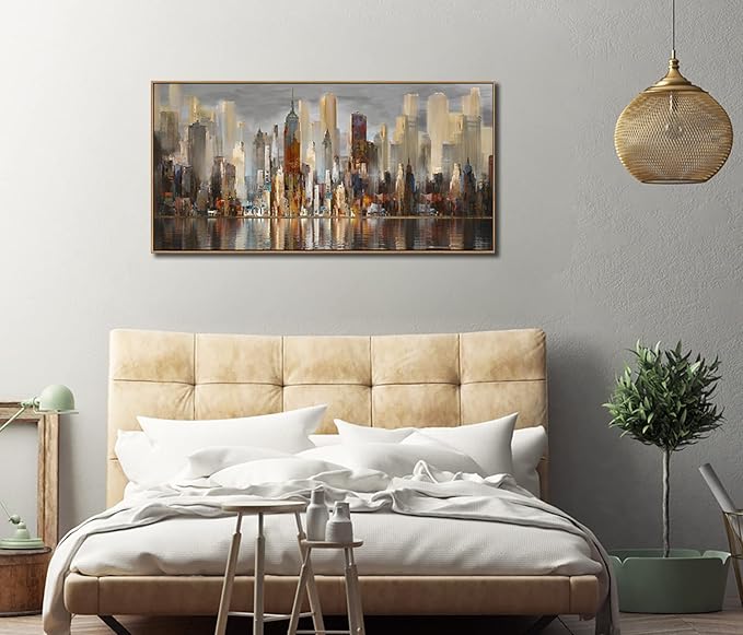 Mofutinpo Abstract Modern Canvas Wall Art for Living Room Cityscape New York Wall Decor City Theme Paintings Brown Framed Pictures Office Artwork Wall Decor Bedroom Above Bed-Ruum Studio Home