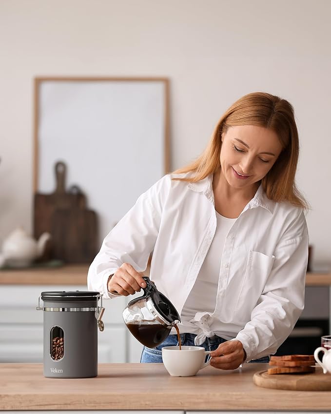 Veken Coffee Canister with Window,Airtight Stainless Steel Kitchen Food Storage Container, Date Tracker & Scoop for Grounds Coffee, Beans, Tea, Flour, Cereal,Sugar,22OZ,Grey-Ruum Studio Home