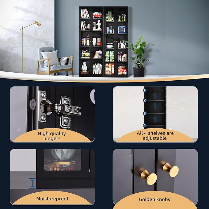 5 Tier Metal Curio Cabinets, Modern Bookshelf Cabinet with 4 Adjustable Shelves, Cabinet Display Case for Home Office, Living Room, Pantry (Black-27.5W)-Ruum Studio Home