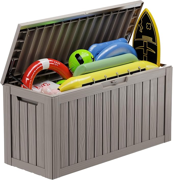 Vixzen 80 Gallon Resin Deck Box, Lockable Outdoor Storage Box for Patio Cushions Storage Furniture,Garden Tools, Pool Supplies, Weatherproof and UV Resistant- Grey-Ruum Studio Home