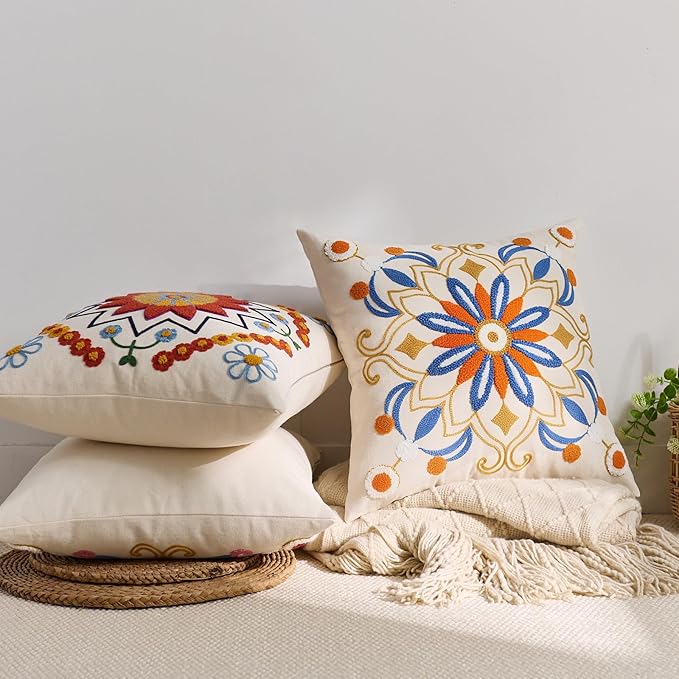 Embroidered Throw Pillow Cover 18x18 Classic Boho Floral Pattern Pillows Cover Outdoor Decorative Pillowcase,Durable Cozy Textured Cushion Case for Sofa Couch Bed Living Room,Orange Blue-Ruum Studio Home