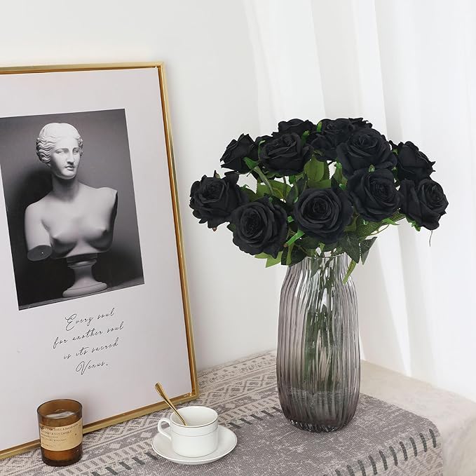 Black Fake Roses Artificial Flowers - 10 Pcs Fake Artificial Roses Silk Flowers with Stems for Home Wedding Hotel Office Centerpiece Decor-Ruum Studio Home