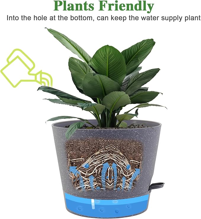 Self Watering Pots for Indoor Plants,12 inch Planters with Drainage Holes Plastic Flower Pots with Deep Reservoir, Grey Speckles-Ruum Studio Home