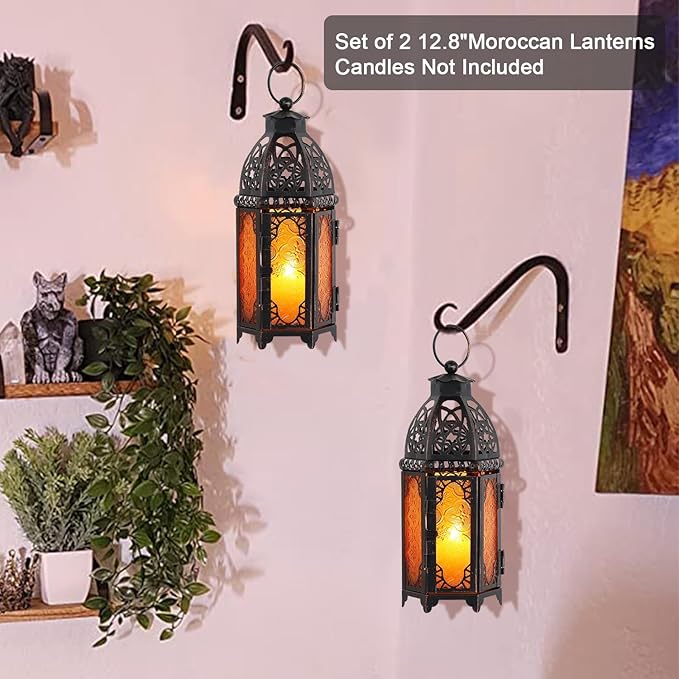 NEEDOMO Set of 2 Hanging Moroccan Lantern, 12.8'' Vintage Candle Holder, Metal Lanterns Decorative Indoor Outdoor, Table, Patio, Porch, Shelf, Ramadan Decorations (Amber)-Ruum Studio Home