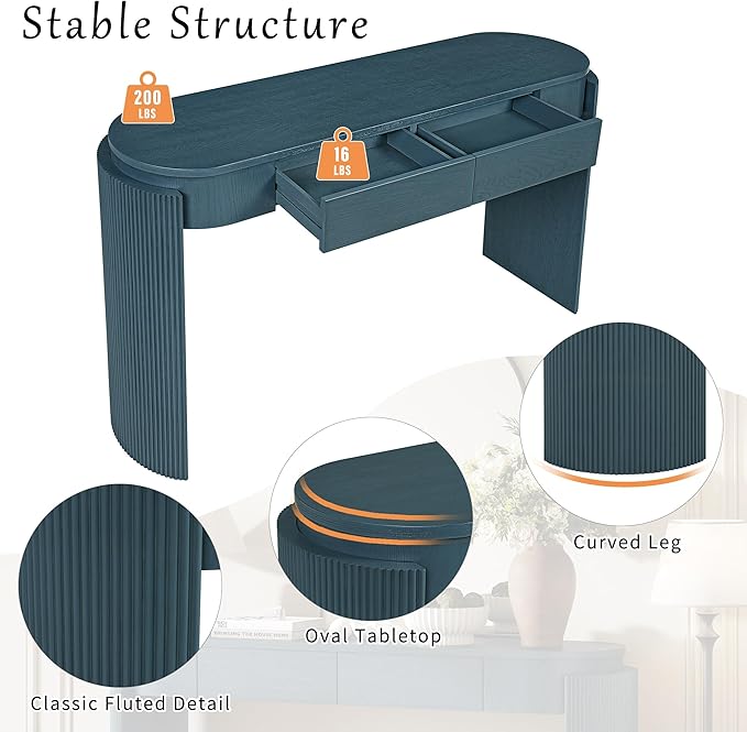 55" Sofa Table with Oval Top and 2 Drawers, Entryway Console Table with Fluted Design for Hallway,Foyer,Entry and Living Room (Fully Assembled-Navy)-Ruum Studio Home