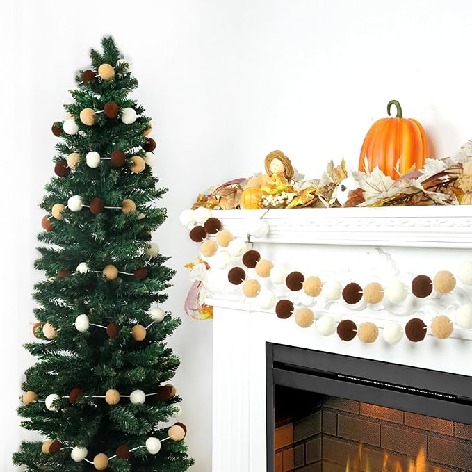 TBD Decor 2pk Pom Pom Garland 13FT Colorful Large Felt Ball Garland Fall Decoration for Mantle,Indoor Holiday Wedding Birthday Party Supplies(White Brown,4cm)-Ruum Studio Home