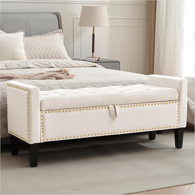 Storage Ottoman Bench, Velvet Upholstered Footstool for Bedroom and Living Room, Tufted Seat with Storage, Wooden Legs & Metal Rivets, Beige-Ruum Studio Home