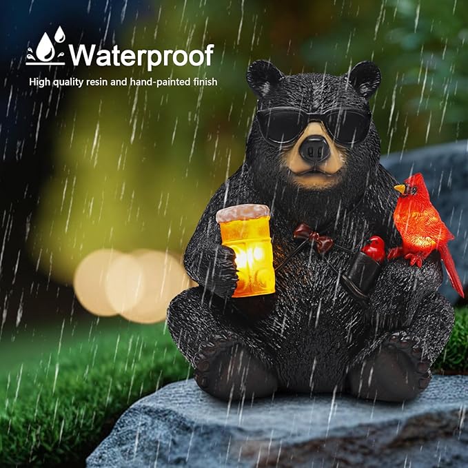 Solar Black Bear Statue for Garden with Beer and Cardinals 6.3" Resin Garden Statues for Outside Yard Paito Porch Decor Birthday Gardening Gifts for Women Mother Sister Grandmother Wife-Ruum Studio Home