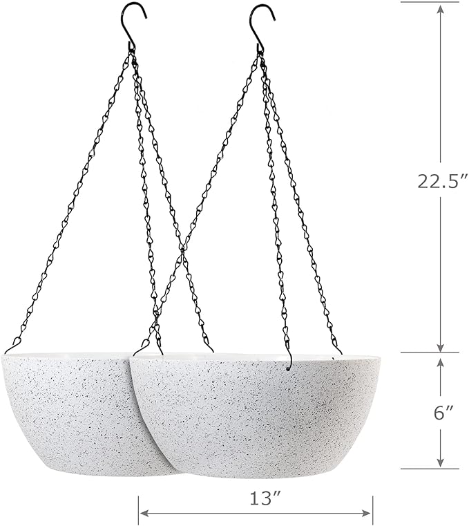 13 inch Large Hanging Planters Plant Pots for Outdoor Indoor Plants with Drainage Holes and Chain, 2 Pack Round Hanging Flower Pots for Garden Home Porch Decor, Speckled White-Ruum Studio Home