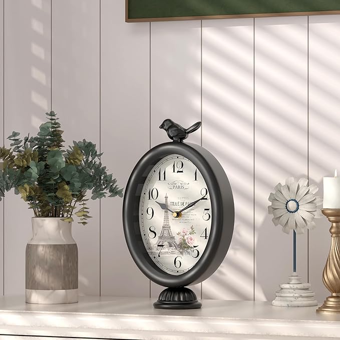 Vintage Table Clock with Bird, Desk and Shelf Decor Clock, French Paris Style, Antique Black Metal Mantel Clocks for Living Room, Farmhouse, Bedroom, Bedside, Gift (10" H x 5.9" W)-Ruum Studio Home